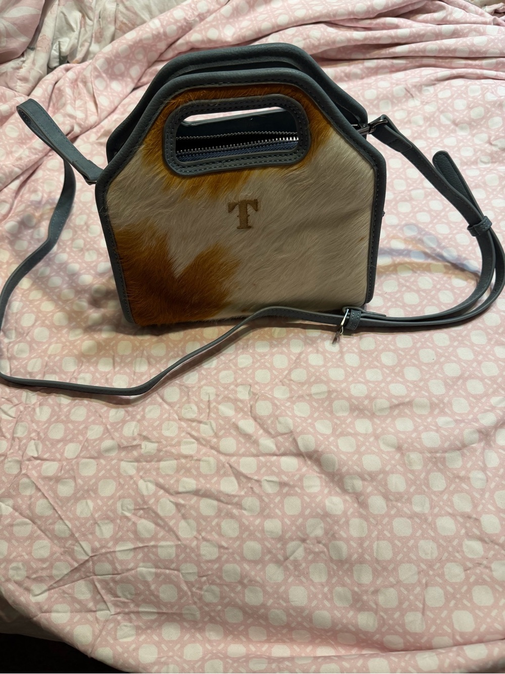 Haircalf Two-Tone Crossbody Bag with Top Handle